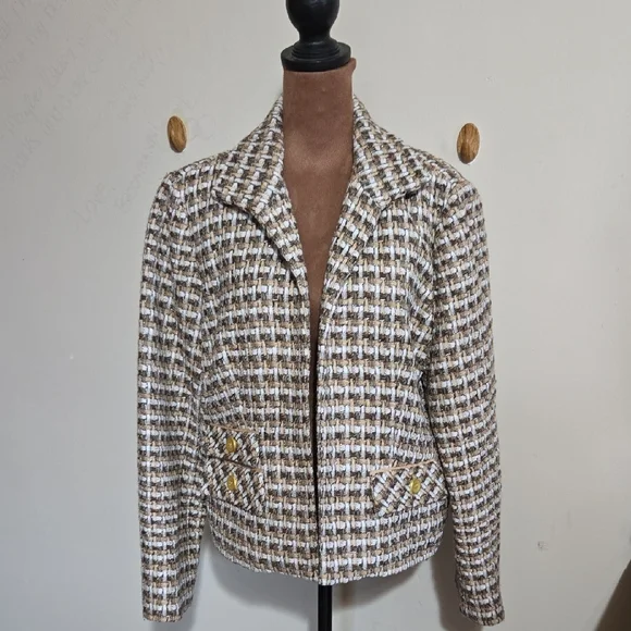C30 Chico's Elegant Basket Weave Blazer Jacket Sz 2 (LG) Opened Front Textured - Picture 3 of 11